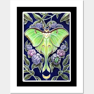 Luna Moth and Flower - White Outlined Version Posters and Art